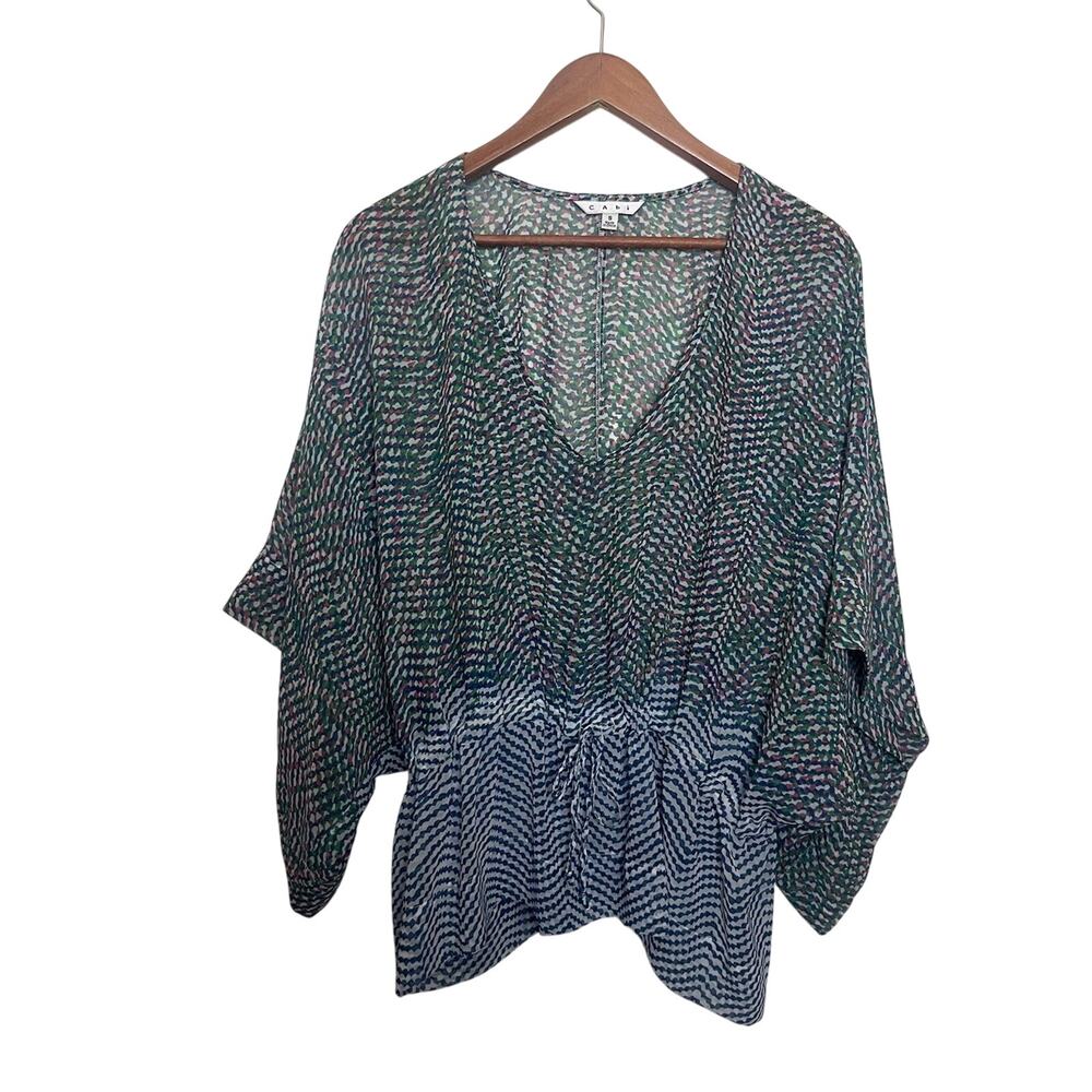 Cabi Kimono Sleeve Semi-Sheer Green Pink White Drawstring Top Women’s Small